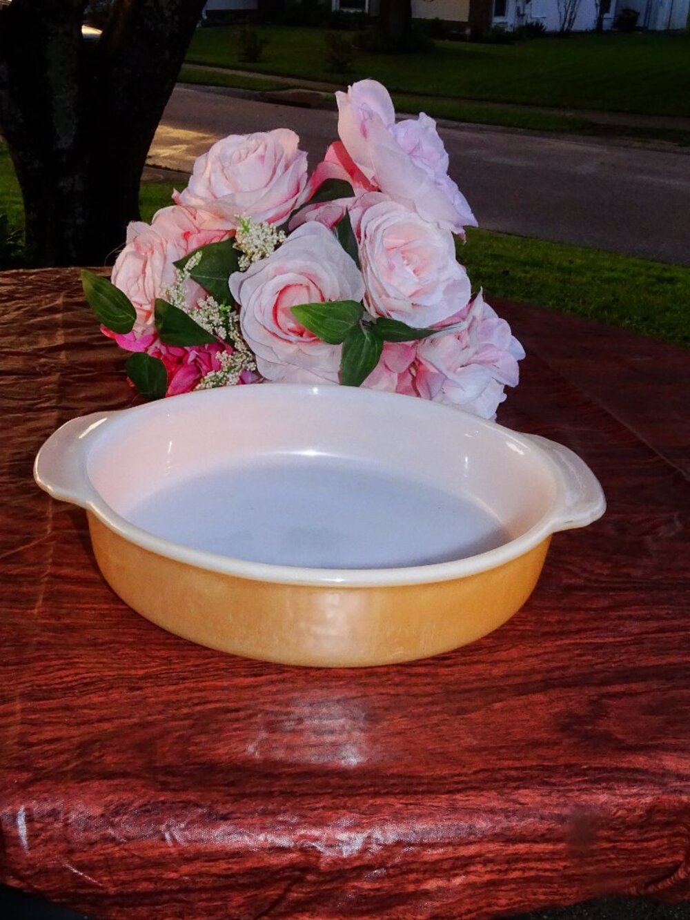 Vintage Fire King Peach Lusterware 8 1/2 in round baking Casserole Pan #450